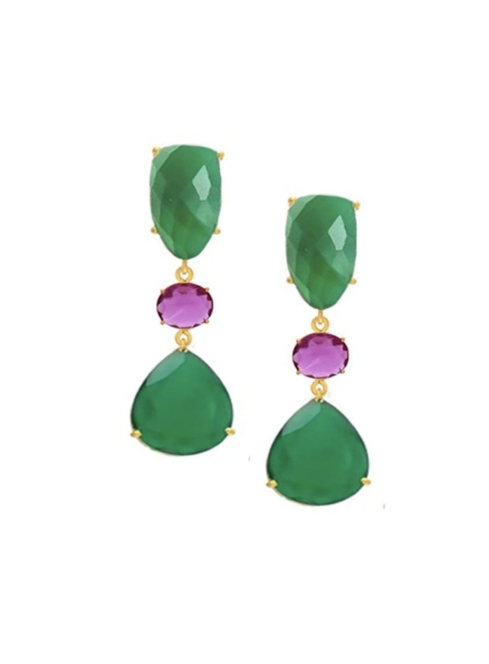 Long party earrings with dangling stones in green and fuchsia.