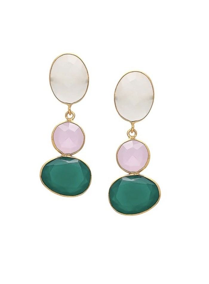 Pendientes de fiesta realizados en plata 925 con baño en oro de 24K con piedras de colores.