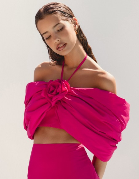 Knotted party top with drop sleeves and flower detail