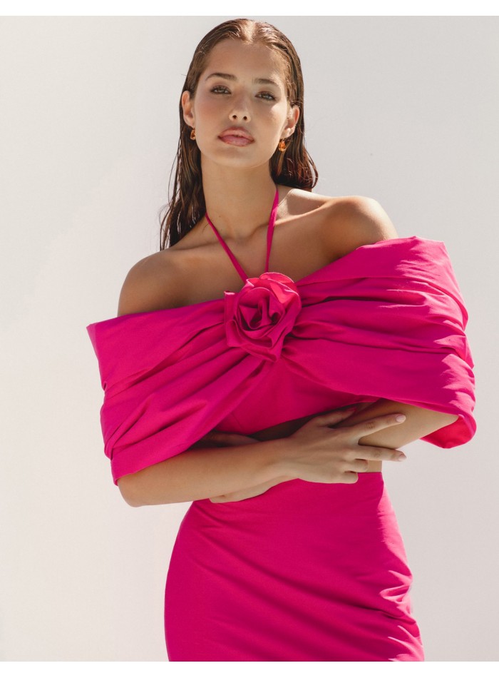 Knotted party top with drop sleeves and flower detail pink