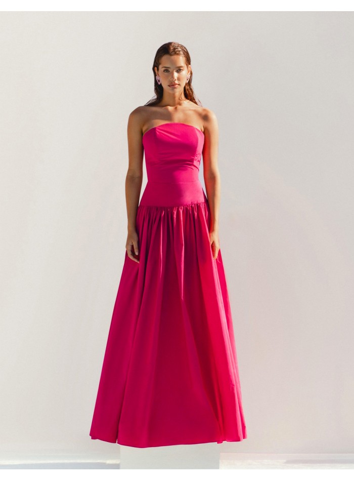 Long party dress with arched bandeau neckline