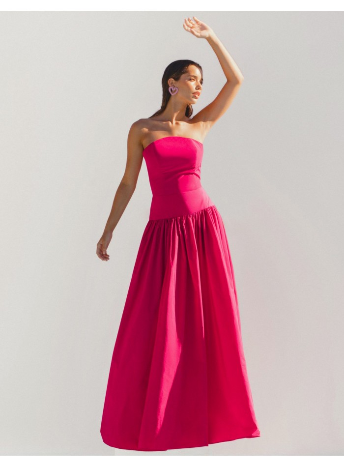 Long party dress with arched bandeau neckline