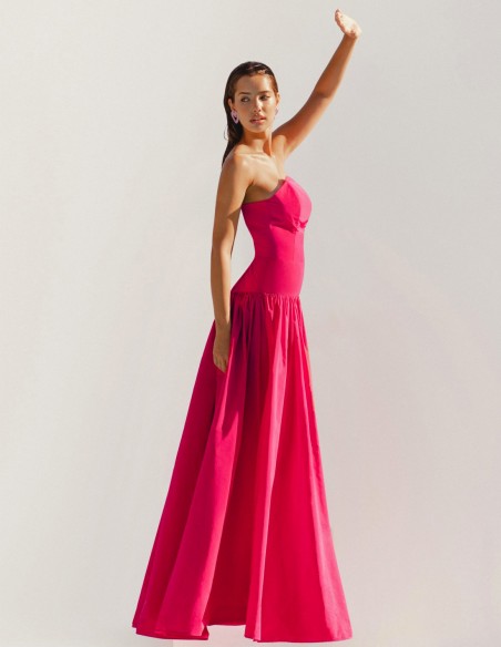 Long party dress with arched bandeau neckline by Elsa