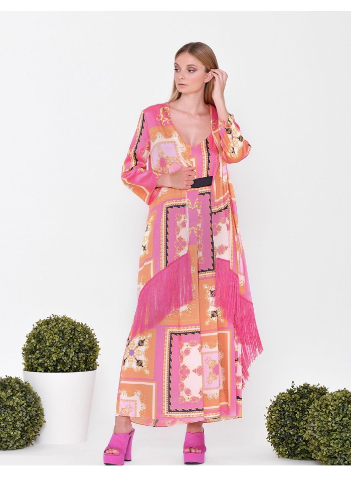 Caftan à imprimé ethnique avec franges