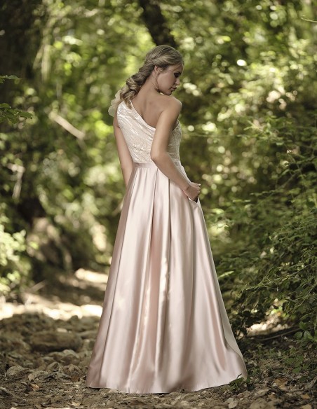 Long party dress with sequin bodice and satin skirt