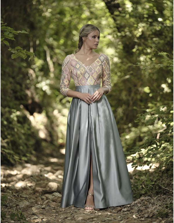 Long dress with sequins and satin skirt