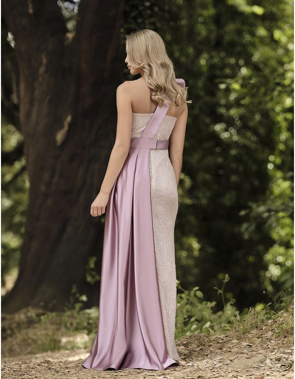 Robe longue de fête avec paillettes et surjupe en satin 2