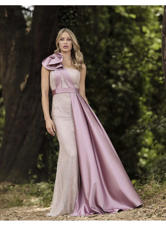 Robe longue de fête avec paillettes et surjupe en satin