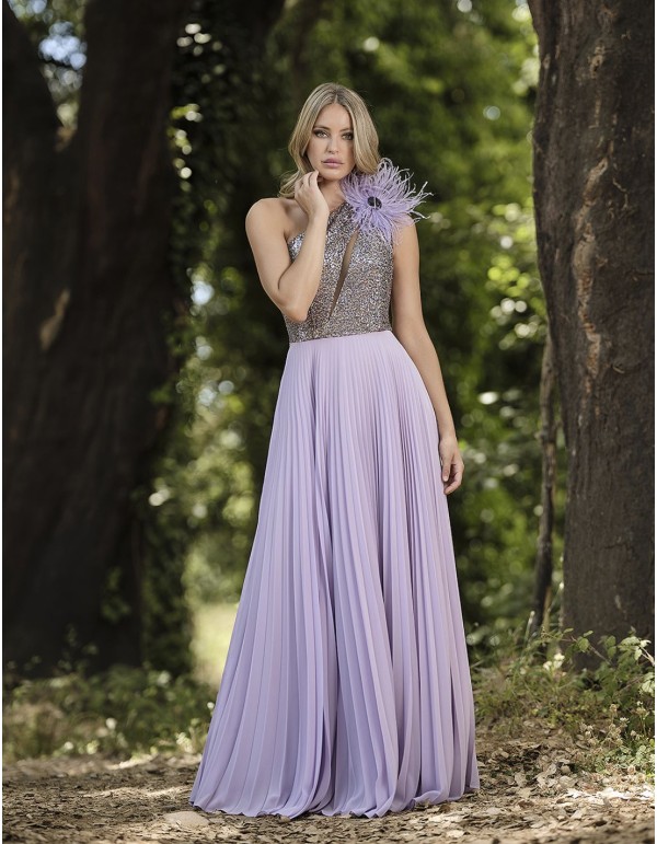 Robe de soirée plissée avec corsage à paillettes