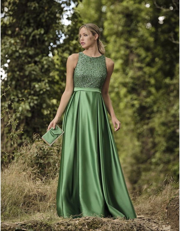 Long satin party dress with sequins