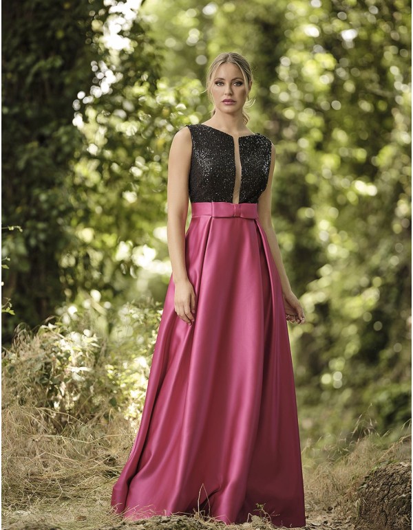 Robe longue de fête combinée noir et rose