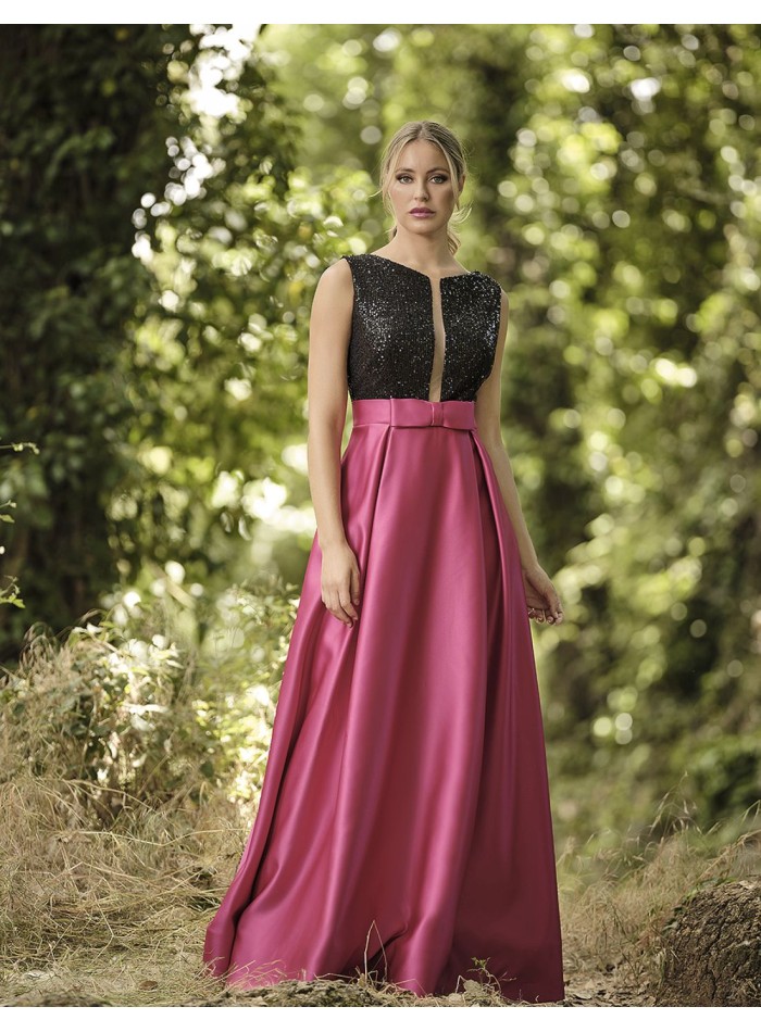 Robe longue de fête combinée noir et rose