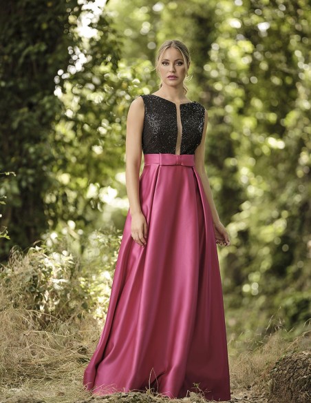 Vestido de fiesta largo combinado negro y rosa