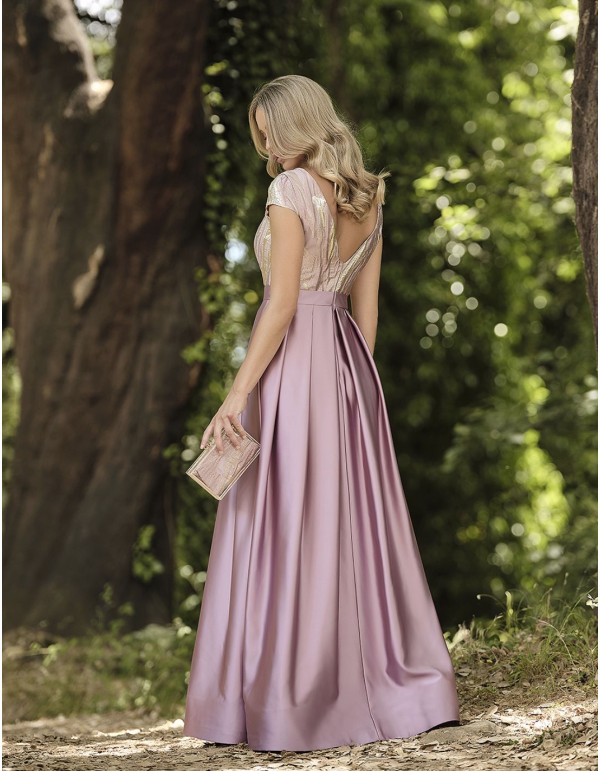 Robe longue de fête brodée or et rose 2