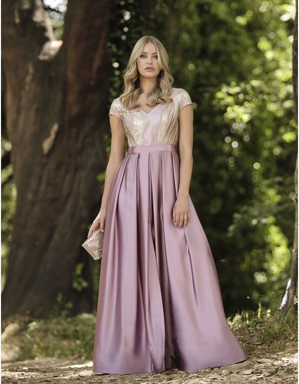 Robe longue de fête brodée or et rose