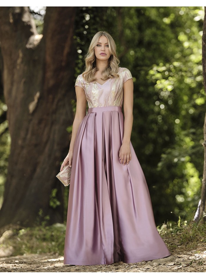 Robe longue de fête brodée or et rose