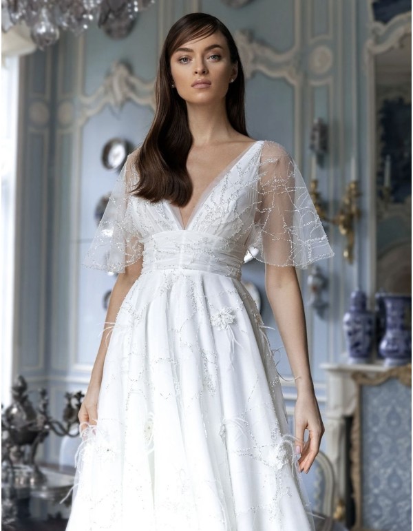 Robe de mariée avec manches courtes transparentes et jupe...