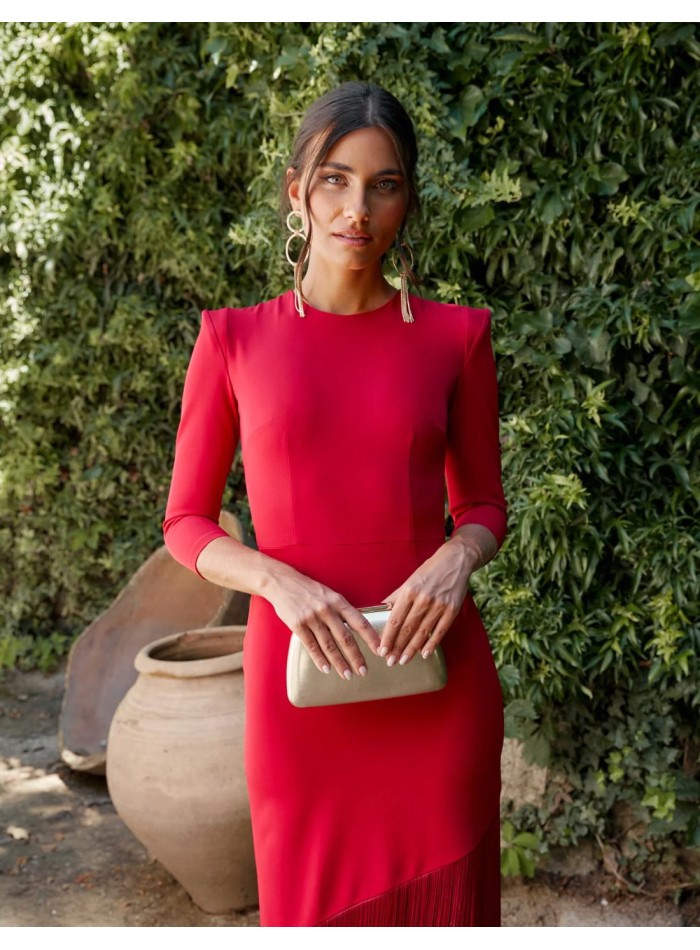 Robe midi rouge à franges et manches françaises