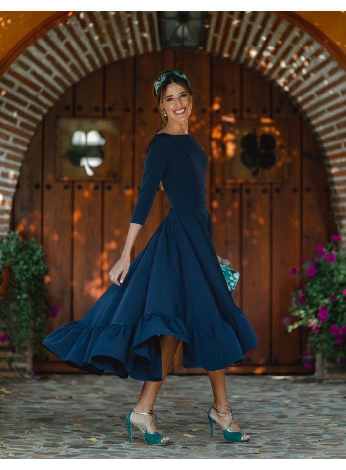 Navy blue midi party dress with open back