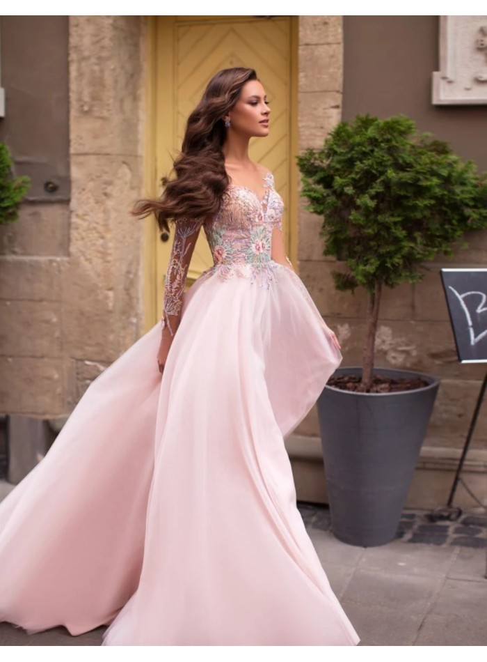 Long powdered pink party dress with embroidered bodice
