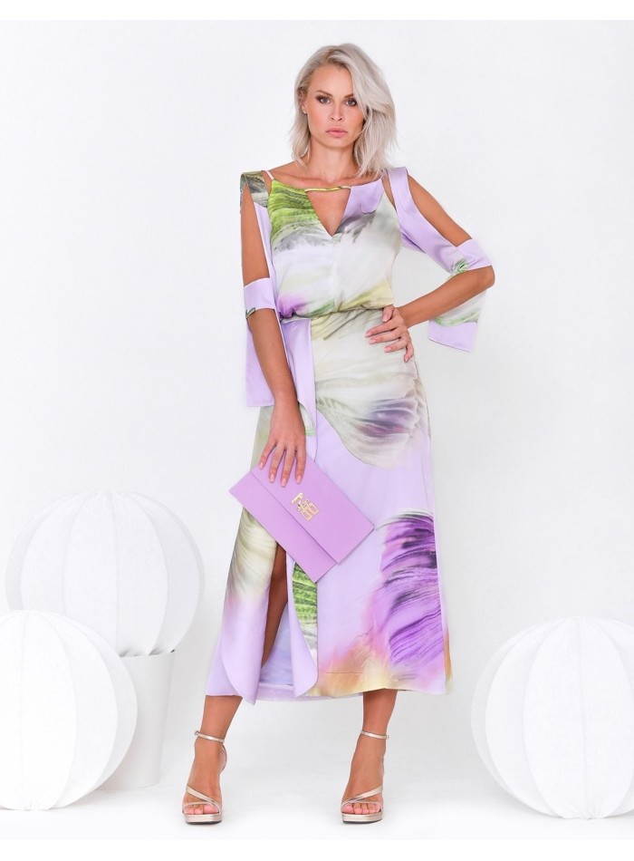 Green and mauve printed midi party dress with open arms.