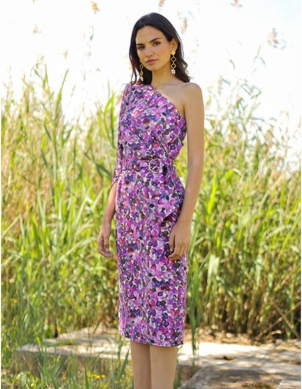 Robe de cocktail imprimée à encolure asymétrique