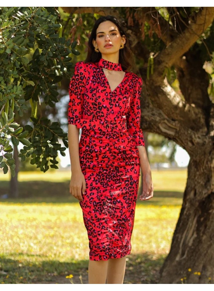 Robe midi décolletée à imprimé animalier