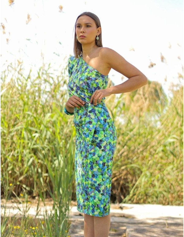 Vestido de fiesta midi escote asimétrico estampado 2