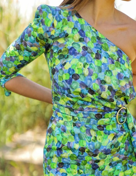 Printed asymmetrical neckline midi party dress