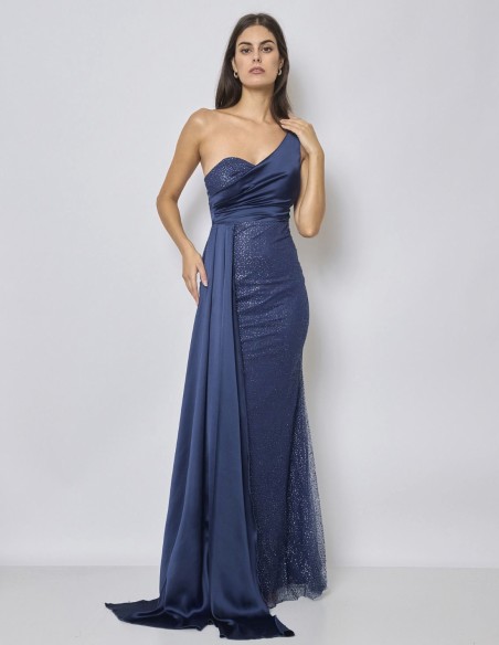 Evening dress with asymmetrical neckline and satin overskirt