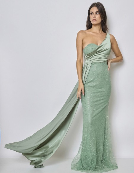 Vestido de fiesta con escote asimétrico y sobrefalda de satén verde agua Vestido de fiesta con escote asimétrico y sobrefalda de satén verde agua