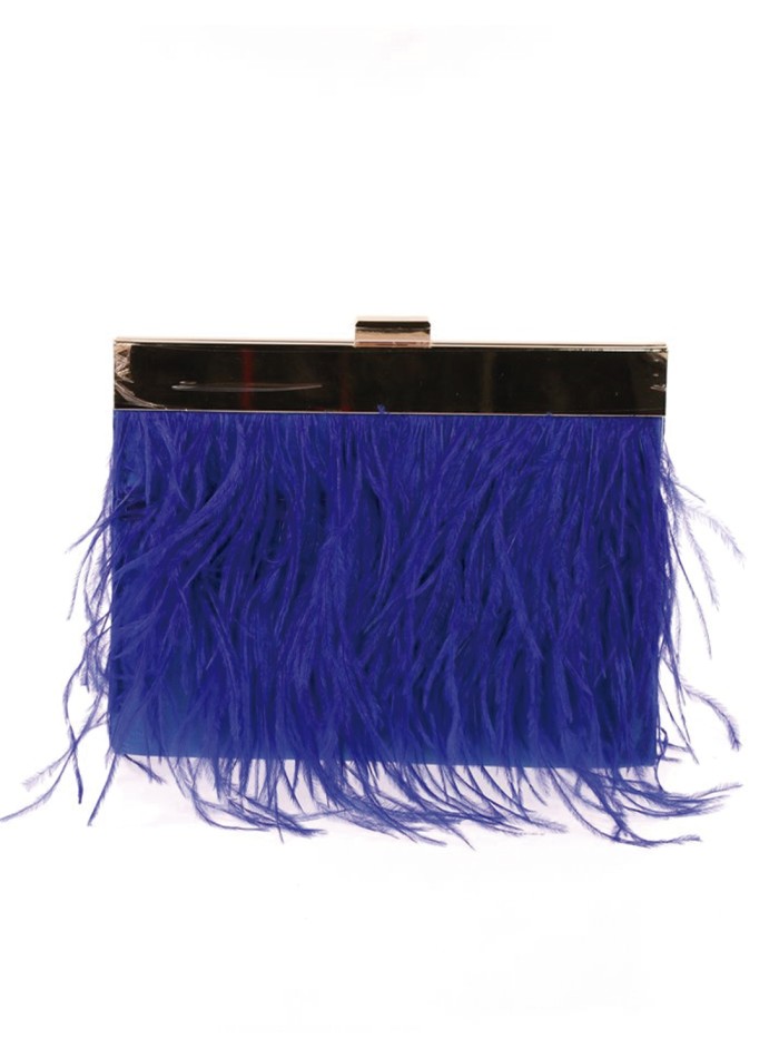 Clutch bag with fine feathers on both sides and metallic clasp