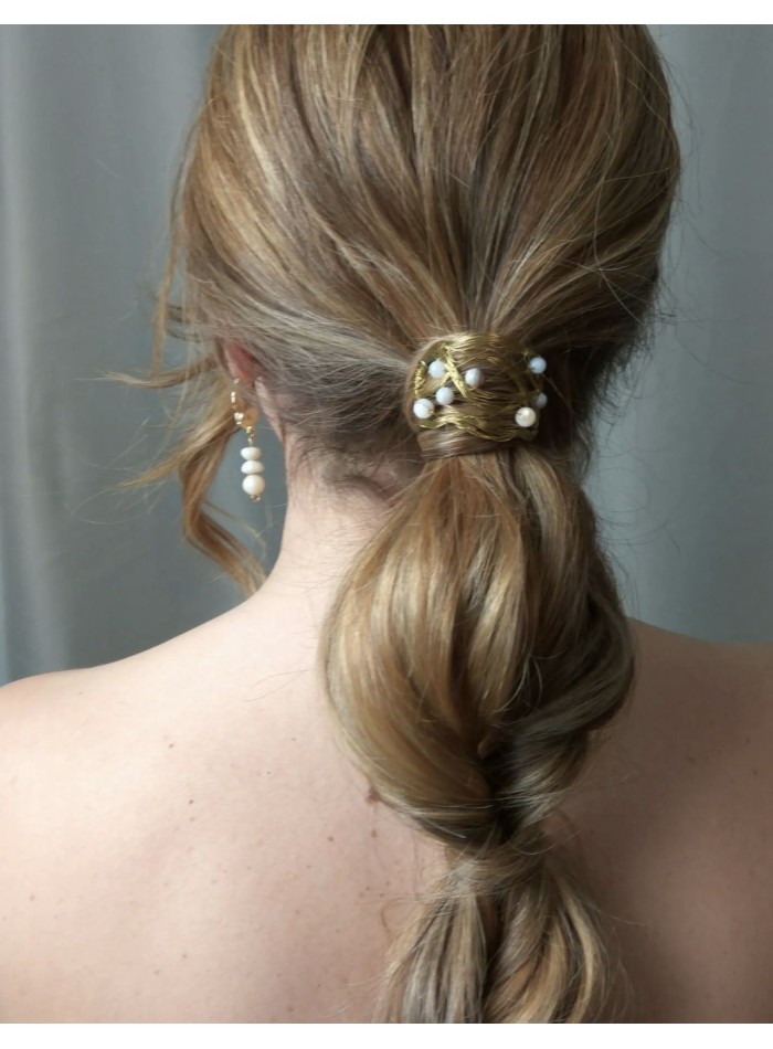Brass metallic thread scrunchie for brides with ponytail.