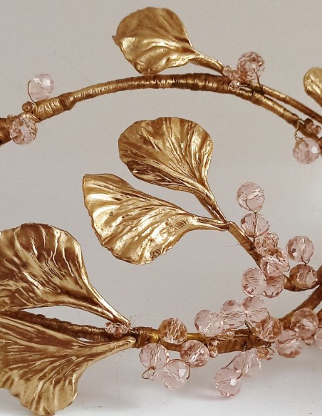 Golden bridal headdress with leaves and crystals. Golden bridal headdress with leaves and crystals.
