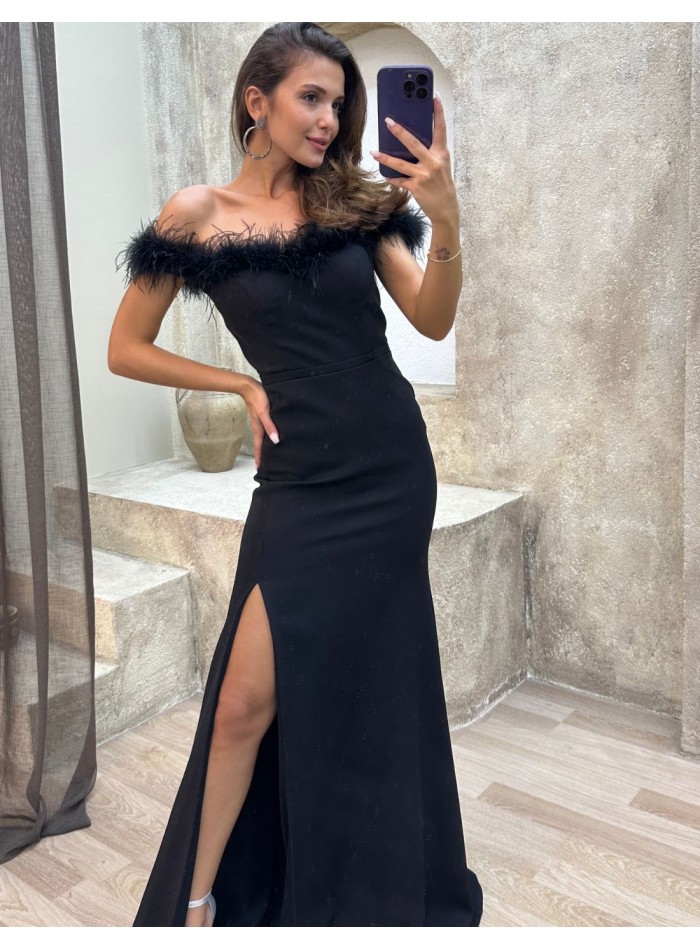 Party dress with feather bandeau neckline