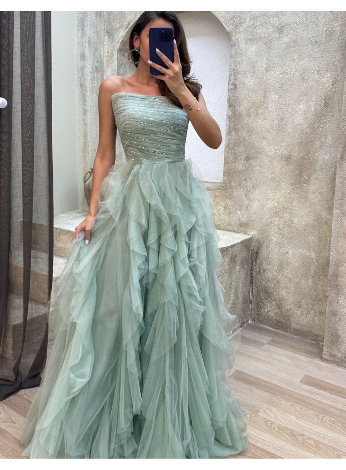 Long party dress with tulle skirt and rhinestone