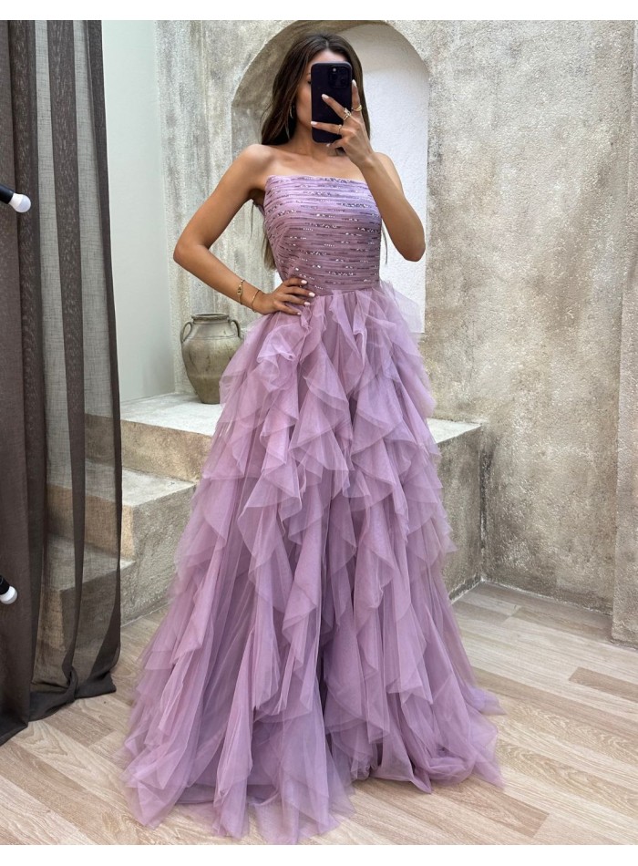 Long party dress with tulle skirt and rhinestone