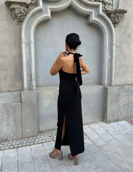 Black midi party dress with bow at the neck. Black midi party dress with bow at the neck.
