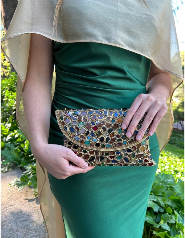 Bolso de mano con pedrería cosida a mano dorado para invitada