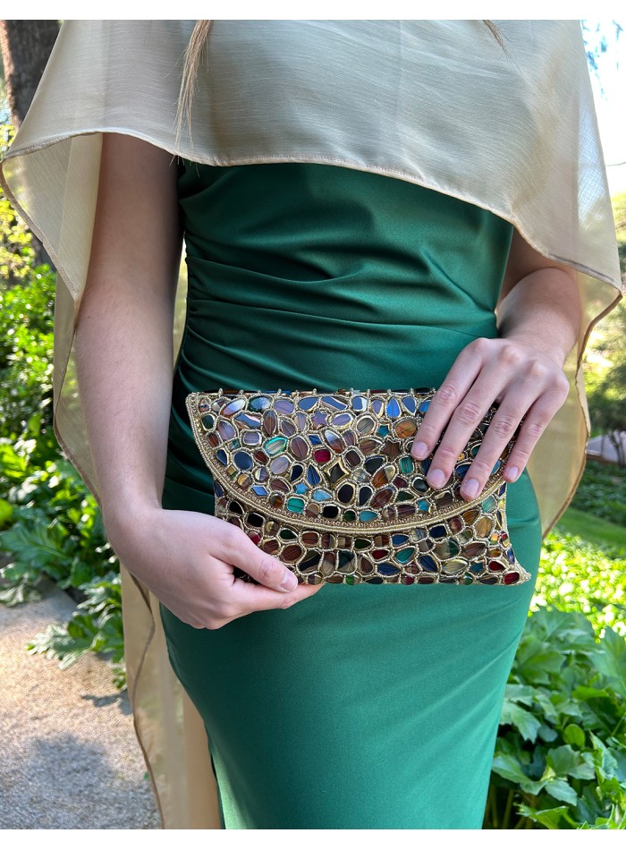 Bolso de mano con pedrería cosida a mano dorado para invitada