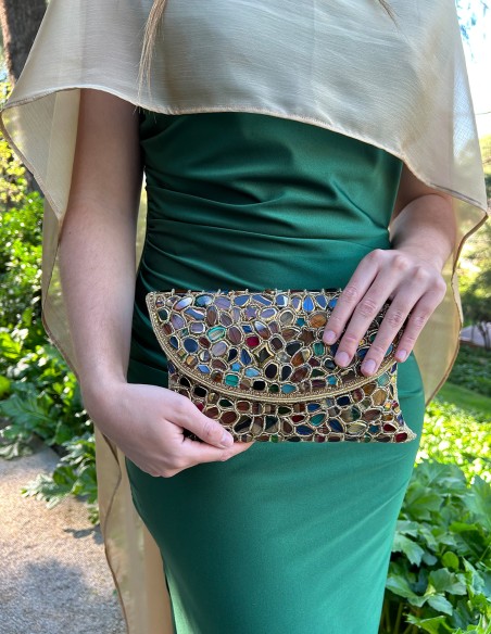 Bolso de mano con pedrería cosida a mano dorado para invitada Bolso de mano con pedrería cosida a mano dorado para invitada