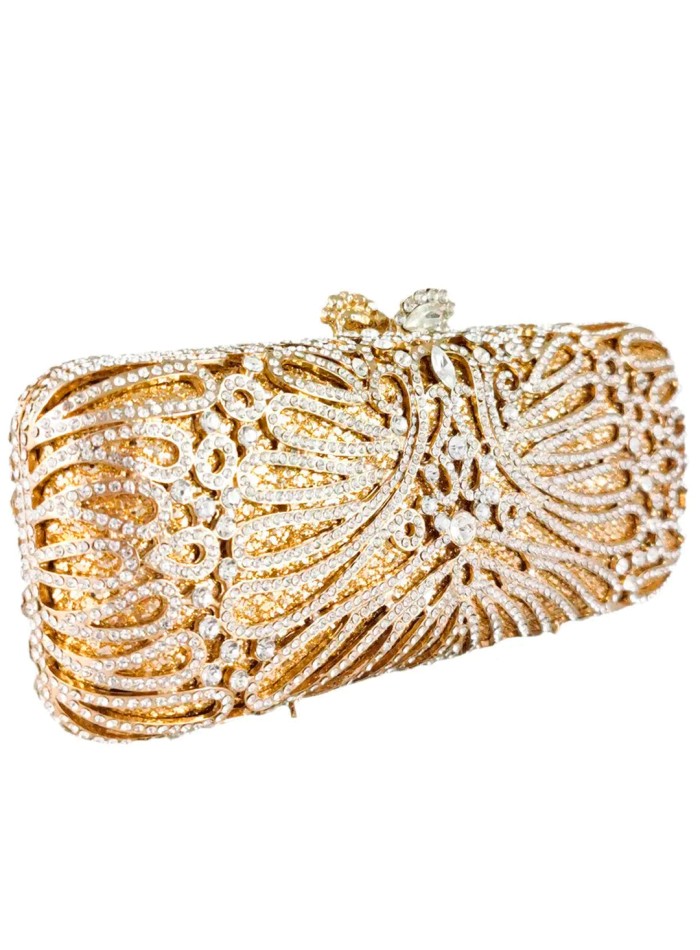 Jewel clutch bag with crystals on a golden elongated base