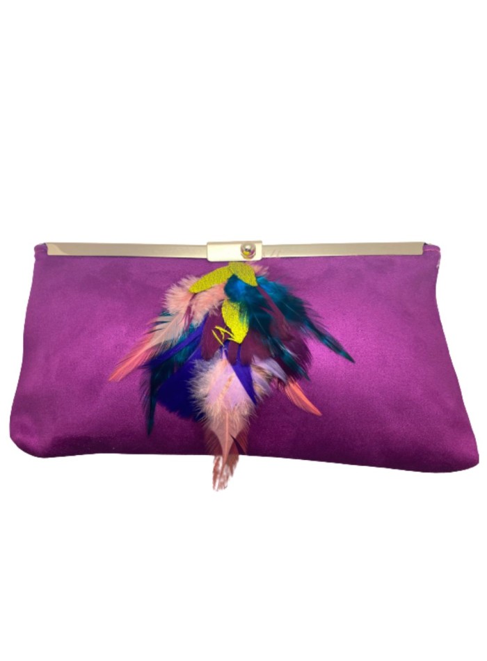 Bougainvillea handbag with multicoloured feathers