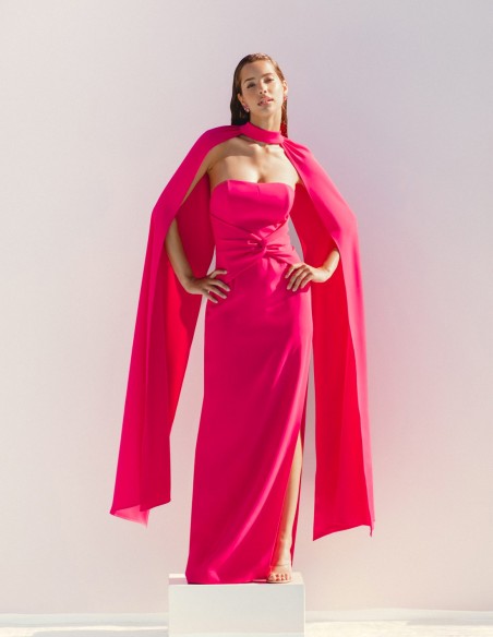 Long strapless ball gown with cape for guests Long strapless ball gown with cape for guests