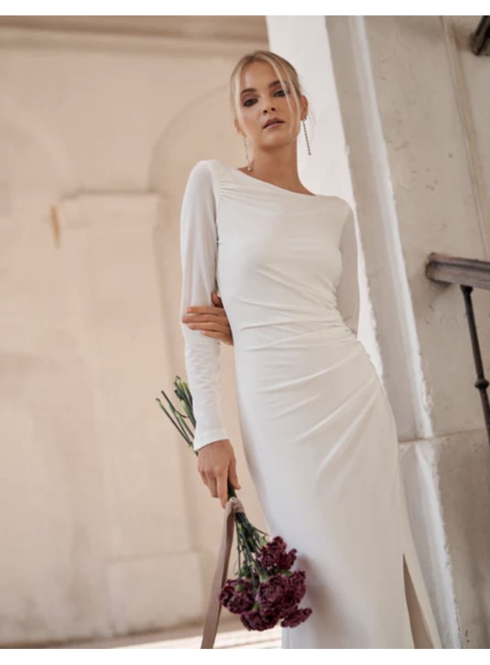 100% Silk Dress Pearl White Minimal Wedding Dress Cowl Neck Silk