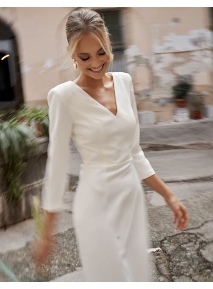 Vestido de Novia para Boda Civil Largo Elegante Manga Larga Blanco