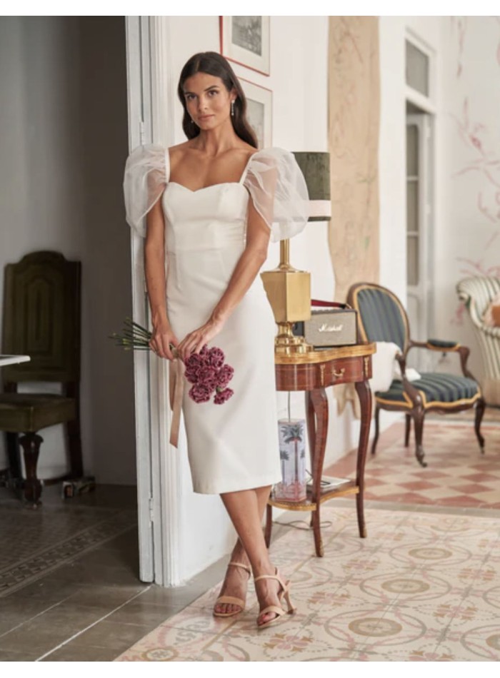 Robe de mariée midi avec manches bouffantes en organza