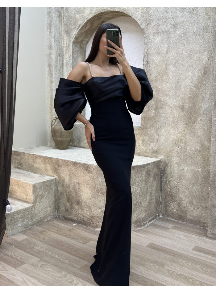 Vestido de fiesta ajustado con manga globo negro
