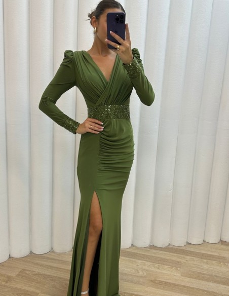 Long party dress with draped neckline and sequins