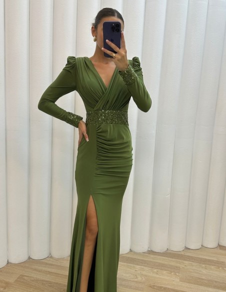 Long party dress with draped neckline and sequins